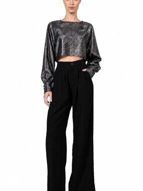 Nonchalant Label Emilia Cropped Gunmetal Metallic Long Sleeve Top XS
